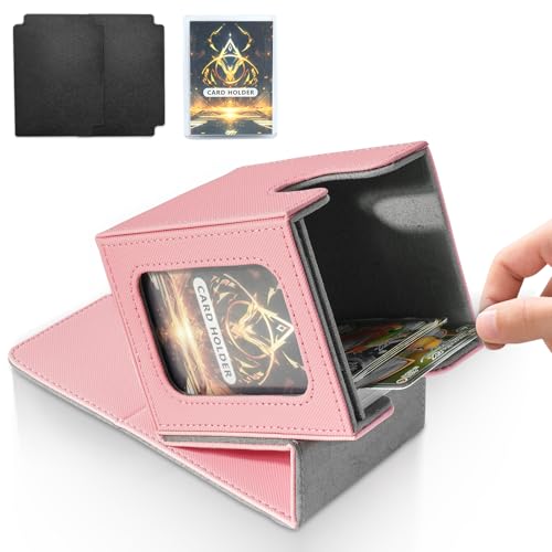 Jaffzora Caja de cubierta para MTG Commander, vitrina magnética para tarjetas, caja de almacenamiento de tarjetas TCG, capacidad para 100 tarjetas de doble manga, rosa y gris
