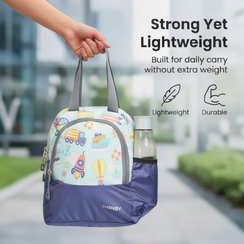 Image of ORBY Lunch Bag Car Balloon Blue | Water-Repellent Durable Fabric | Tiffin Bag with Bottle Holder & Front Pocket | Strong Zipper & Spacious Meal Storage (Car and Balloon Pattern, Blue)