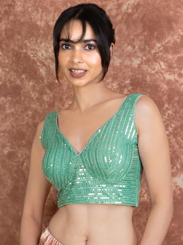 Image of FIGURE'S DESIGNER Women's Sequin Embroidered SabyaSachi Cut Sweetheart V Neck Sleeveless Readymade Saree Blouse E30