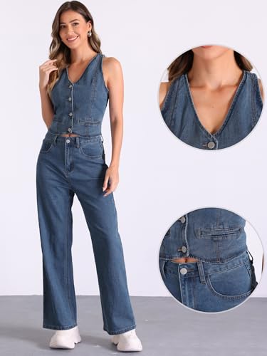 Allegra K 2 Piece Outfits Denim Set for Women's Sleeveless Button V Neck Denim Vest Waistcoat Wide Leg Jeans2