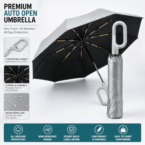 Image of Vasukie Compact Travel Umbrella with Ergonomic C-Shaped Handle, Wind Resistant Folding Umbrella for Men & Women, Lightweight Portable Umbrella for Travel, Office & Daily Use