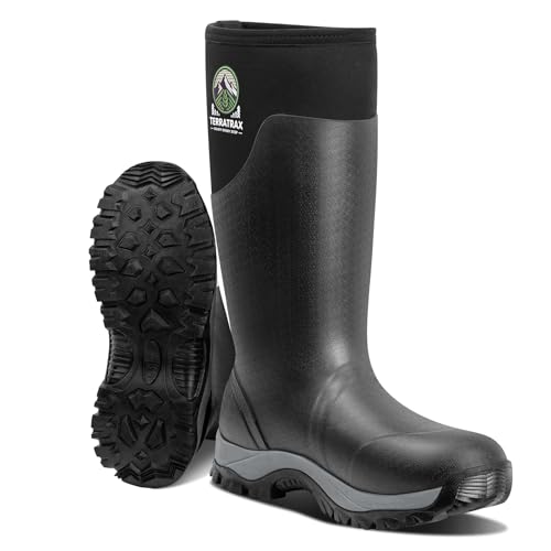 TerraTrax - TerraTrax Black Men's Waterproof Rubber Hunting and Rain Boots – Insulated 6mm Neoprene Outdoor Work Rain Boots for Hunting, Gardening, Farming, Fishing Size 8