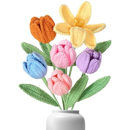 6 Stück Gehäkelte Blumen Künstliche Tulpen Blumenstrauß Wie Echt Handgemachte Kunsttulpen mit Blättern Für Vase, Zuhause Büro & DIY Premium Geschenk für Mama, Freunde​