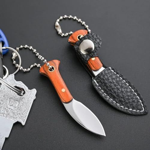 Image of Mini Knife Keychain, Real Damascus Style Tiny Chef Knives with Wooden Handle, Pocket Cleaver, EDC Miniature Weapon Keychains for Gifting, Decoration & Collectors