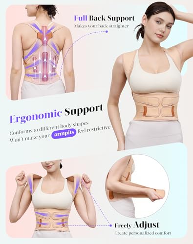 Image of Kepwaa Posture Corrector for Women and Men, 5 Full Back Support Brace Rods, Adjustable Shoulder Straightener, Relief for Upper and Lower Back, Neck, Lumbar, Scoliosis, Hump, Beige, Medium
