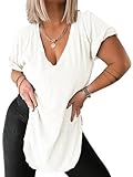MERRIMISS Womens Deep V Neck Tops Summer Short Sleeve Oversized T Shirt Side Slit High Low Tunic Tops White
