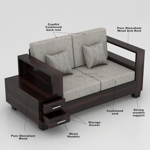 Image of Sheesham Wooden 2 Seater Sofa for Living Room | Solid Wood Sofa with Side Box Storage & Cushion | Rosewood Sofa Set for Home & Office | Lounge (Walnut, 2 Seater)