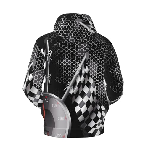 Men's Fleece Pullover Hoodies, Checkered Flag Racing Printed Casual Drawstring Hooded Sweatshirts2