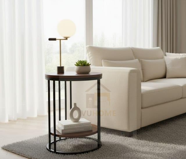 Image of 2 Tier Round Coffee Table with Brown MDF Wood Top, Gold Metal Frame & Storage Shelf |Table for Living Room, Bedroom, Balcony & Office | Modern Compact Accent Furniture for Home Decor
