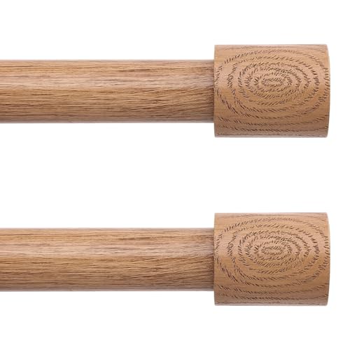 2 Pack Wood Curtain Rods, 1'' Decorative Adjustable Rustic Farmhouse Drapery Rod, Heavy Duty Boho Curtain Pole for Windows 48 to 84 Inch with Imitation Wooden Grain Finials, (Light Wood/Unique Design)