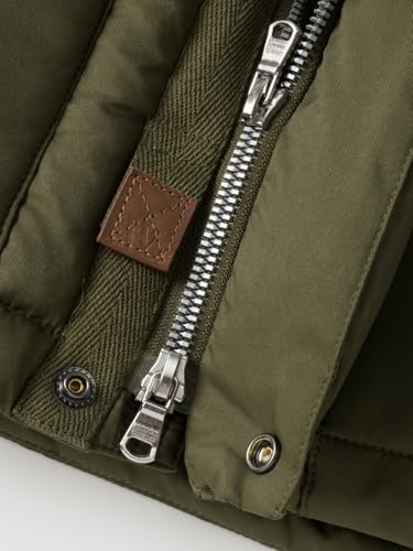 Men's Puffy Padded Jacket Twill Two-Way Zipper Detachable Windproof Hood Pockets Brass Buttons Leather Label2