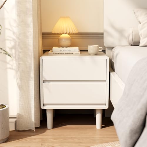 Solid Wood Nightstand White Night Stand with Drawers Mid Century Modern Nightstand with Storage,Wood Night Stand,Small Bedside Table for Bedroom,Living Room,Office,White Bedside Table
