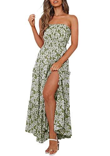 Vintagton Women s Summer Tube Floral Side Split Strapless Maxi Dress Off Shoulder Sleeveless Boho Long Dresses(L Green)