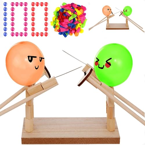 Balloon battle game for 2 players, Wooden Balloon Brawlers Fencing Game, Handmade Battle Game Puppet Set for Kids, Fast-Paced Party Family Games for Children and Adults(With 100 Balloons)