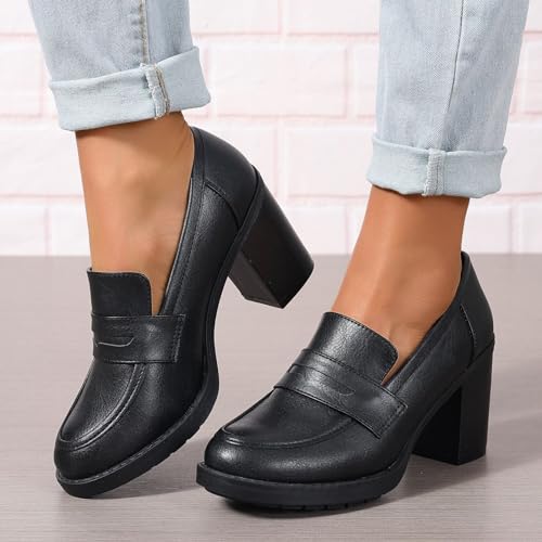 Women's Pumps Block Chunky High Heel Comfortable Classic Dressy Office Business Oxfords Shoes US5-11, Black, 402