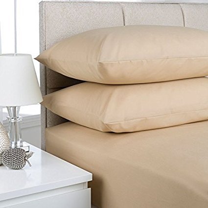 EGYPTO Non-Iron Percale Polycotton Fitted Sheet 16” Extra Deep with FREE Pillowcases (Super King Fitted Sheet & Pillowcase Pair, Latte)
