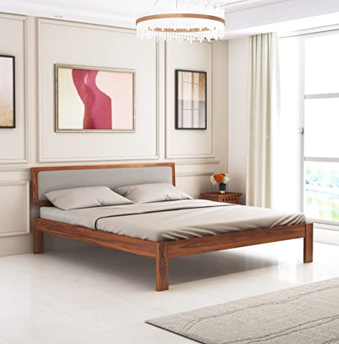 Image of Ganpati Arts Solid Sheesham Wood King Size Bed Without Storage and Upholstered Headboard | Wooden Double Bed Cot Palang Furniture for Bedroom, Living Room, Home (Natural Finish) 1 Year Warranty