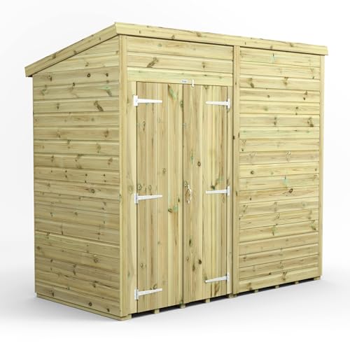 Powersheds High Grade Premium Pressure Treated Windowless Pent Double Door Shed Garden Wooden Shed with Heavy Duty Frame, Galvanised Ironmongery, Throughout made from Extra Thick Timber (8x4)