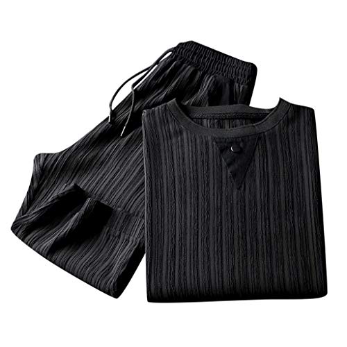 Rikay Oversized Cotton Linen Set Mens Plain Tshirt Pants Sets Casual T-Shirt Tops Yoga Workout Running 2 Piece Outfit Black