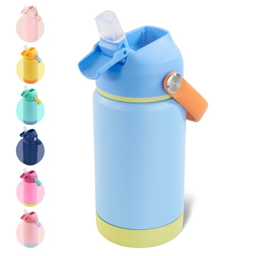 Kerilyn 12oz Kids Water Bottle, Stainless Steel Insulated Water Bottle for Kids, Toddler Cup with Straws Leak-Proof, Kids Water Bottles for School Boys Girls, BPA Free, Sky