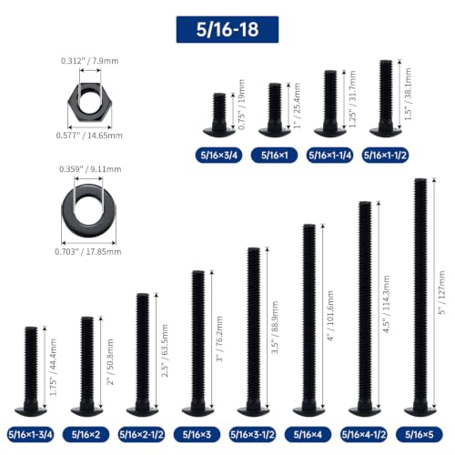 Image of 5 /16-18 x 3 inch Black Carriage Bolts with Nuts and Washers Kits (10 Sets), 304 Stainless Steel 18 /8, Black Finish, Round Head, Square Neck, Heavy Duty Bolts, Indoor Outdoor Fastening Bolts, Fayeploo