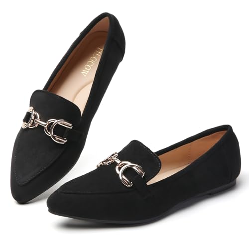 Image of Tilocow Metal Chain Loafers Flats for Women Pointed Toe Slip on Flats Dressy Casual Comfortable Work Business Shoes