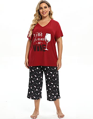 Image of Vozanet Women's Pajamas Set Soft V Neck Sleepwear Top and Capri Pj Lounge Sets Cartoon Heart Shape Cat Nighty Plus Size