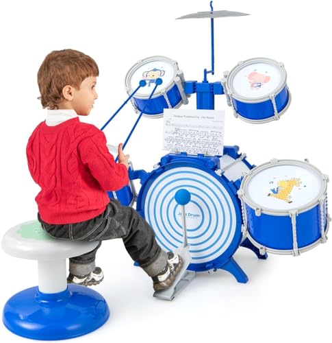 GOPLUS Juego de batería de Jazz para niños con 5 Tambores, 1 platillo, 2 mazas, 1 Atril y Pedal, Juego de batería con Taburete, Instrumento Musical de Juguete para niños Mayores de 3 años, Azul