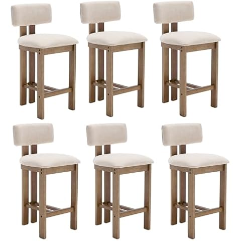 26" Farmhouse Bar Stools Set of 6, Modern Armless Counter Height Kitchen Stools, Linen Upholstered Bar Chairs with Natural Wooden Legs, French Country Stools for Kitchen Island, Beige Cover