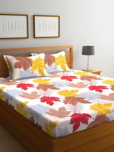 Image of NEW LEAF Premium Cotton Elastic Fitted Bedsheets with 2 King Size Pillow Covers | Double Bed with All Around Elastic 180 TC Supersoft | Size - 72 King Sizex78+10 inches | Beige & Brown Leaf