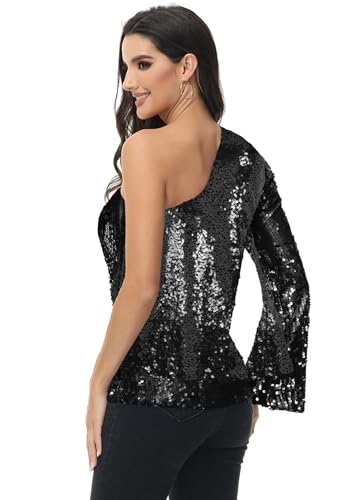 Anna-Kaci Women's Sparkly Sequin Party Tops Long Sleeve One Shoulder Top Blouse Shirts2