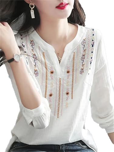 Women Blouses Casual Embroidery V-Neck Long Sleeve Vintage Loose Blusas Top