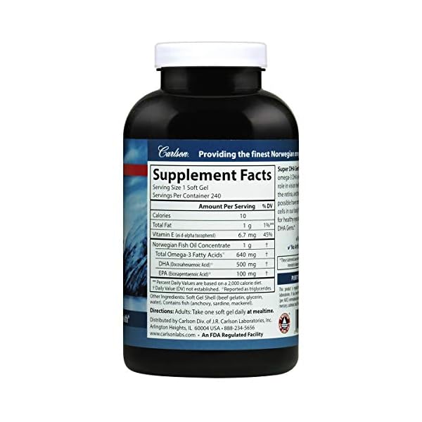 Carlson-Super-DHA-Gems-1000-mg-DHA-Supplements-640-mg-Fatty-Acids-Norwegian-Fish-Oil-Concentrate-Wild-Caught-Sustainably-Sourced-Fish-Oil-Capsules-240-Softgels Carlson Super DHA Gems - 500 mg DHA Supplements, 640 mg Fatty Acids, Norwegian Fish Oil Concentrate, Wild-Caught, Sustainably Sourced Fish Oil Capsules, 240 Softgels
