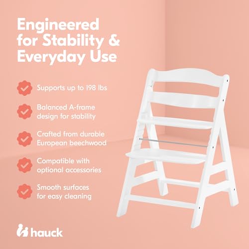 Image of Hauck Alpha+ Grow Along Adjustable Wooden High Chair Seat w / 5 Point Harness & Bumper Bar for Baby & Toddler Up to 198 lbs, Beechwood, White