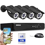 SANSCO 3K Color Night Vision, Full Metal Housing, 8CH Outdoor CCTV Camera System, 8 Channel DVR with 1TB Hard Drive 24/7 Recording, 4 x 5MP Bullet Security Camera, Human/Face/Vehicle Detection, P2P