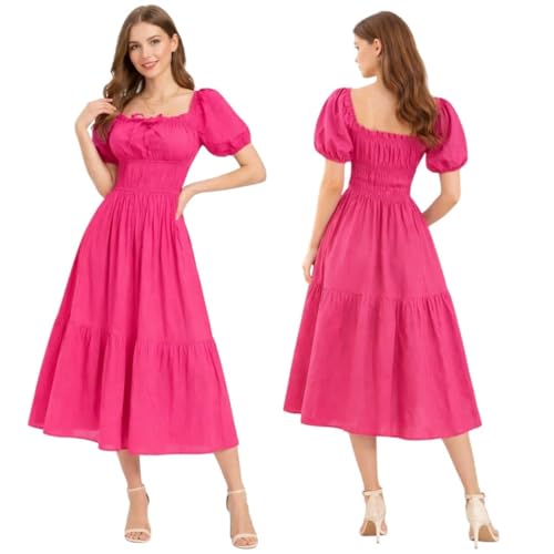 Image of BOOSTY Women's Puff Sleeve Smocked Midi Dress, Square Neck A-Line Dress