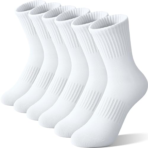 SAVALOS Boys Kids Girls Socks Athletic School Uniform Soft Cotton Crew Gift Socks 6 Pairs Stocking Stuffers(White 9-15 Years)