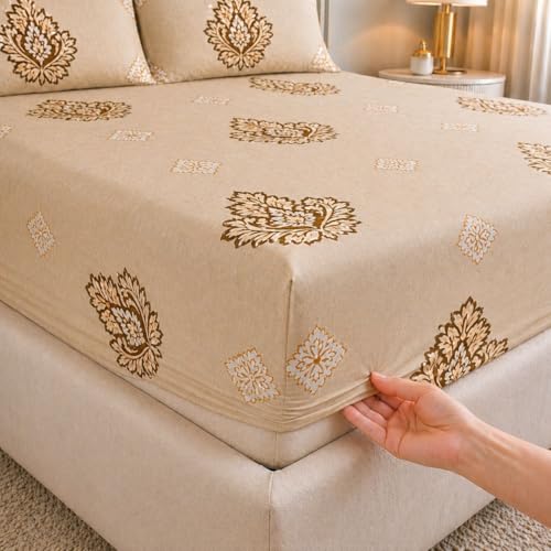 Image of Castiqa Elastic Fitted Supersoft Premium Polycotton 200TC King Size Bedsheets with 2 Pillow Covers (Fits Upto Mattress of 8Inches) (Beige, Full 72x78x8Inch)