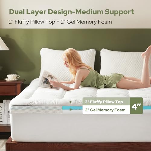 Image of BEDLORE 4 Inch Memory Foam Mattress Topper King,2-in-1 Dual Layer Design (2 inch Gel Memory Foam + 2 inch Plush Pillow Top Cover) Mattress Topper Medium-Firm,Pressure Relief & Back Pain Support(White)