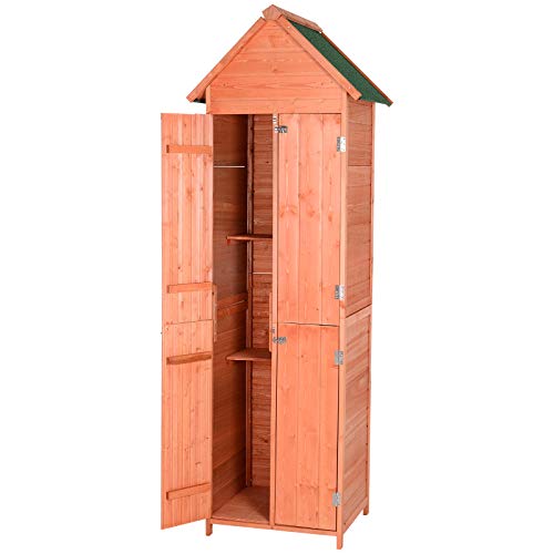 Outsunny 4-Door Tool Storage Shed Lockable Garden Organizer, Multi-Shelves, Pine Wood