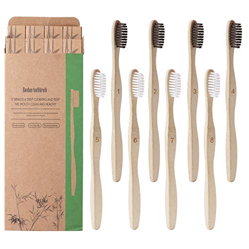 TLOG Bamboo Toothbrushes, Pack of 8 Wooden Toothbrush with Soft Nylon Bristles, Biodegradable, Natural, Eco-Friendly, Green and Compostable Soft Bristles Toothbrushes, Black/White