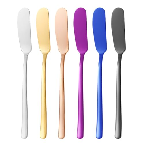 Cretvestsar Stainless Steel Butter Knife Spreader 6 Pcs, Smooth Edge Butter Knives for Jam Honey Butter, Cream Cheese Spreader Knife, Easy Grip and Cleaning (six colors, 6pcs)