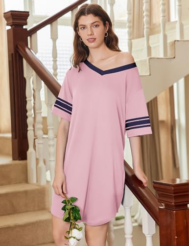 Image of Ekouaer Nightgowns for Women 2 Pack Sleepshirts Short Sleeve Nightshirt V Neck Sleepwear Casual Pajama Dress