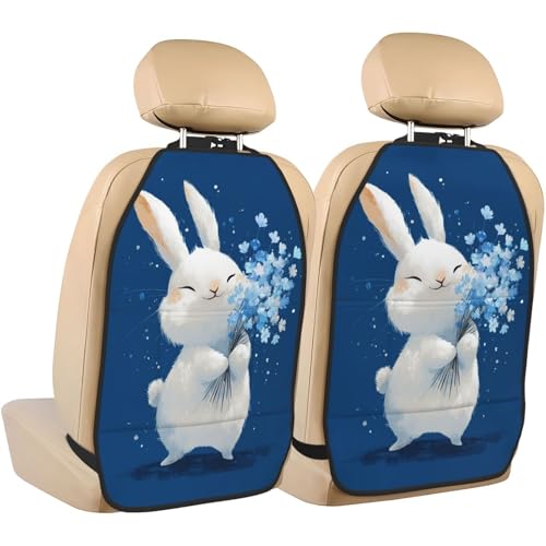 Cute Bunny Holding Flowers Car Seat Back Kick Protectors,2 Pack Kick Mats with Storage Pockets for Vehicles to Protect from Dirt Mud Scratches