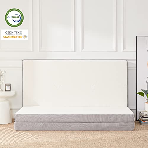 Image of Lazyzizi Folding Mattress,Memory Foam Tri-fold Mattress with Breathable & Washable Bamboo Fiber Fabric Cover, Foldable Floor Guest Bed for Camping, Road Trip, 4Inch Queen