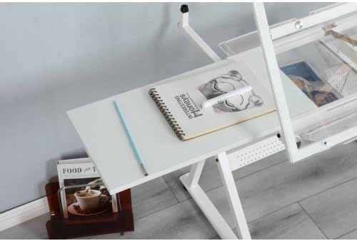 White Adjustable Tempered Glass Drafting Printing Table with Chair