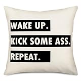 Doitely Funny Words Pillow Covers with Wake Up Kick Ass Repeat Quote Throw Pillow Covers 18' x 18' Cotton Linen Farmhouse Decorative Cushion Cover for Home Bed Sofa Car (White Words)