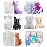 6PCS Animal Resin Mold, Alpaca, Bulldog, Fox, Cat,Bear and Octopus 3D Lifelike Silicone Molds for Epoxy Resin, Unique Display Mould for DIY Crafts Wall Desktop Home Decoration Candle Making (Model B)