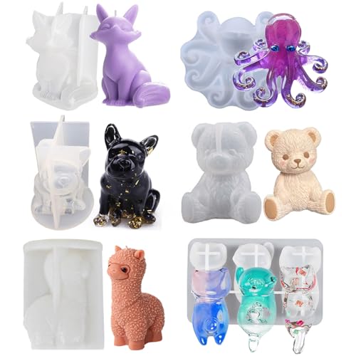 6PCS Animal Resin Mold, Alpaca, Bulldog, Fox, Cat,Bear and Octopus 3D Lifelike Silicone Molds for Epoxy Resin, Unique Display Mould for DIY Crafts Wall Desktop Home Decoration Candle Making (Model B)