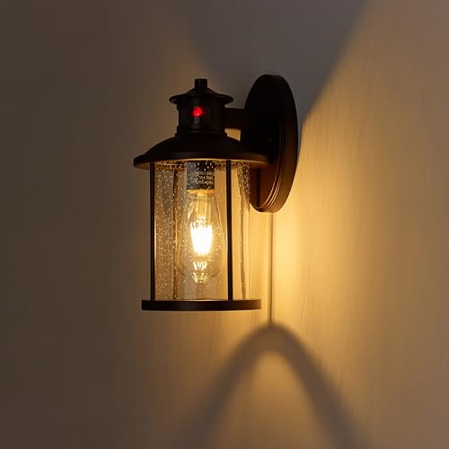 Image of MICSIU Motion Sensor Bronze Outdoor Wall Light 1 Pack, 11.5 inch Farmhouse | 3 Modes Exterior Light Fixture with Seedy Glass, Anti-Rust Dusk to Dawn Outside Wall Sconce for House, Front Porch, Deck